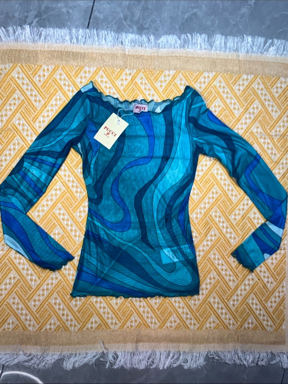 Emilio Pucci Teal and Blue Wave-Pattern Long Sleeve Women’s Top Size M